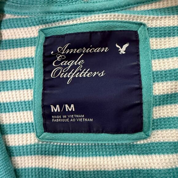 American Eagle Y2K Deep V Neck Long Striped Henley Bella Swan Style Blue Sz M - Picture 7 of 7